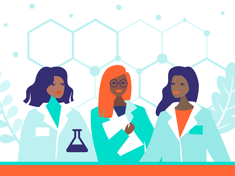 Illustration of three black women wearing lab coats