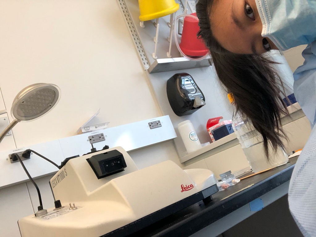 Rebecca Yeh ’22 taking a quick break from lab work.